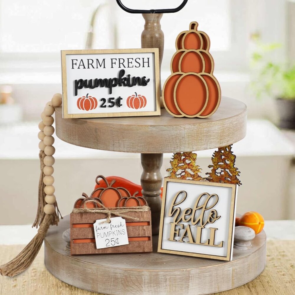 5PCS Fall Decor Set-Stacked Pumpkin, Farm Fresh Crate, Bead Garland, Rustic Tray